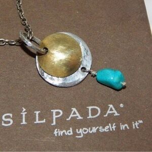 Silpada Two-Tone Disc Necklace with Turquoise Drop - Brass, Silver & Turquoise